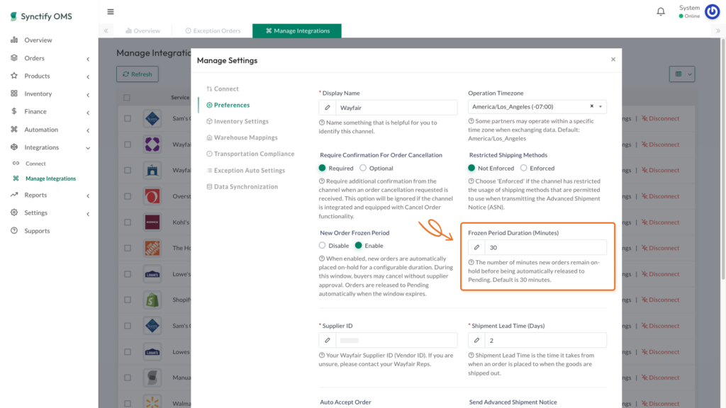 The integration Preferences settings modal showing the New Order Frozen Period feature enabled and the Frozen Period Duration set to 30 minutes.