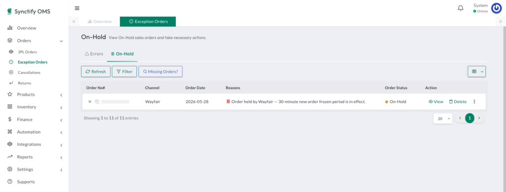 The Exception Orders On-Hold tab displaying an order with a reason stating a 30-minute new order frozen period is in effect.