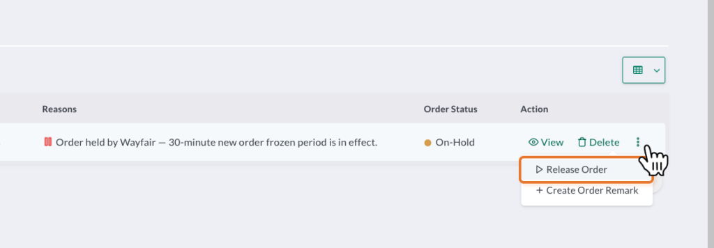 The action menu opened for an on-hold order in Synctify OMS with a cursor selecting the Release Order option.