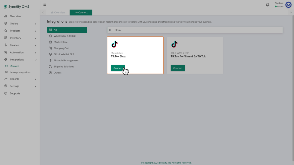 Search results for TikTok integrations in Synctify OMS Connect page