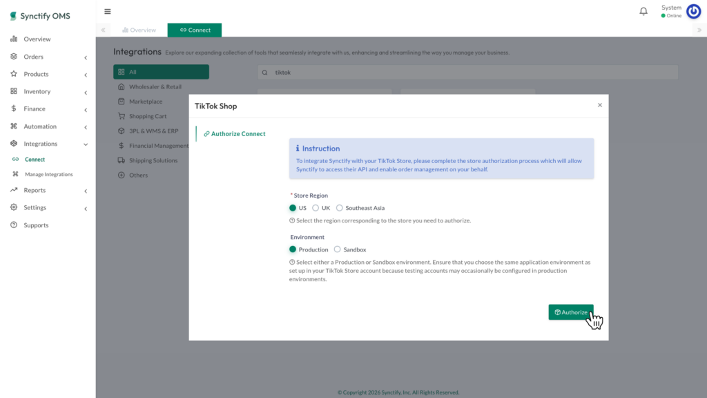 TikTok Shop authorization window with store region selection in Synctify OMS
