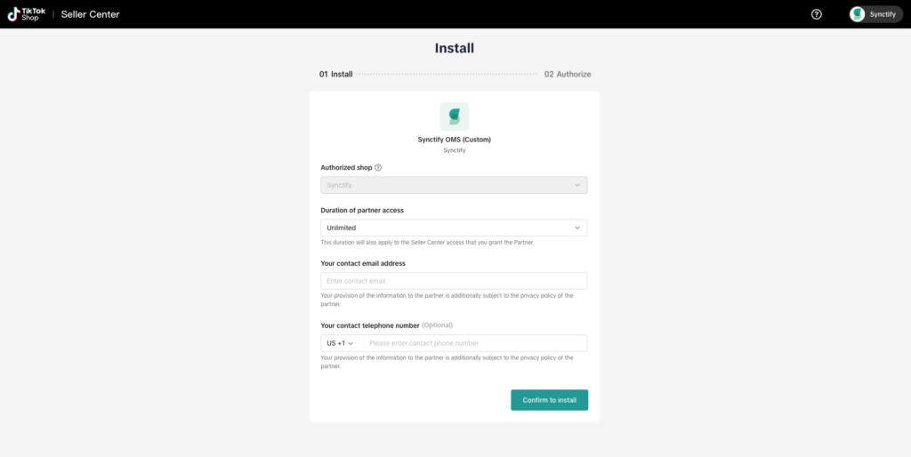 TikTok Shop Seller Center install page for Synctify OMS authorization