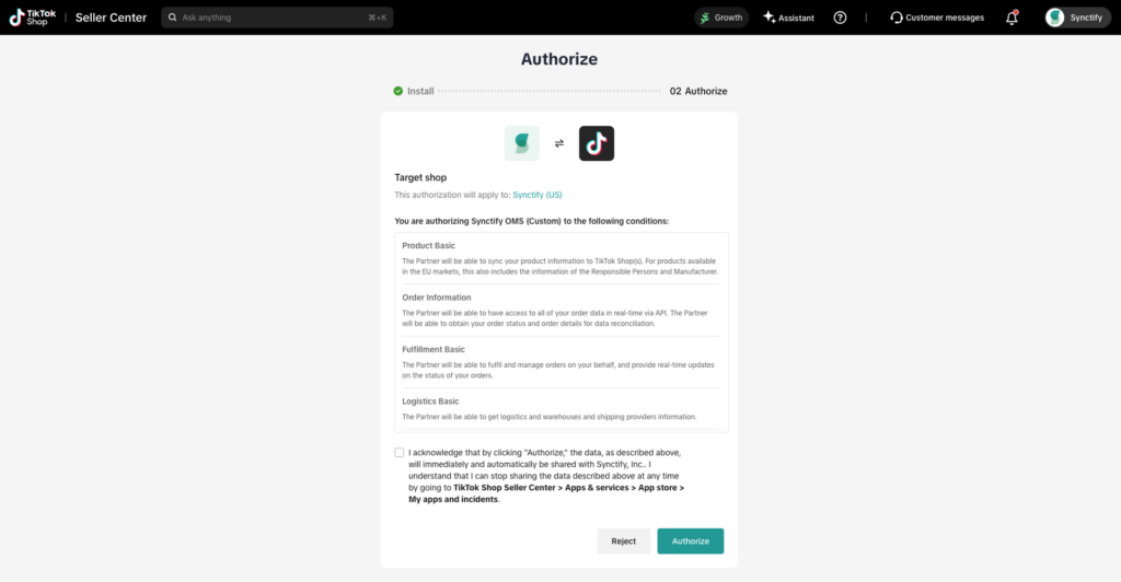TikTok Shop authorization page requesting permissions for Synctify OMS