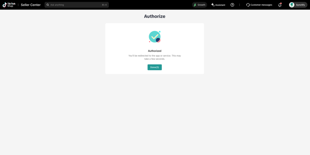 TikTok Shop authorization success message before redirecting to Synctify OMS