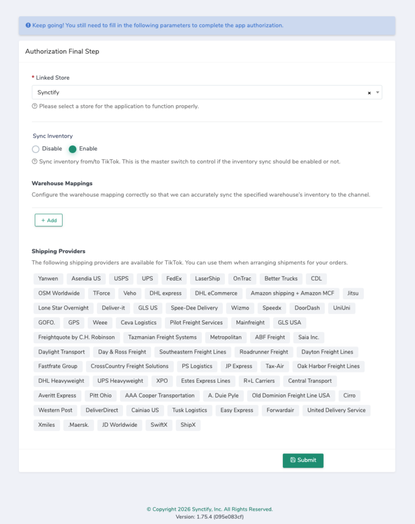 TikTok Shop Authorization Final Step page in Synctify OMS