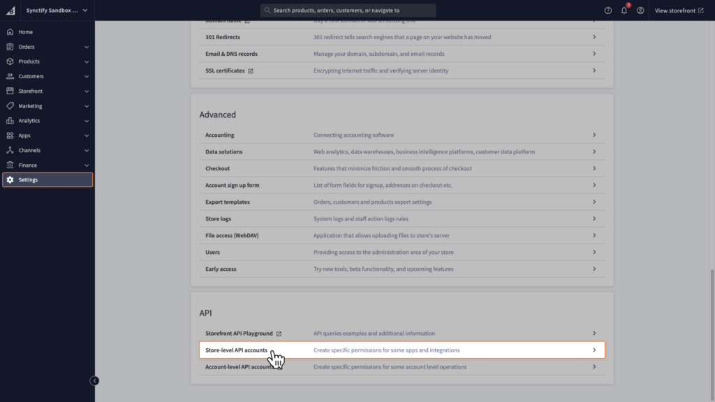 BigCommerce Settings page showing the Store-level API accounts option under the API section.