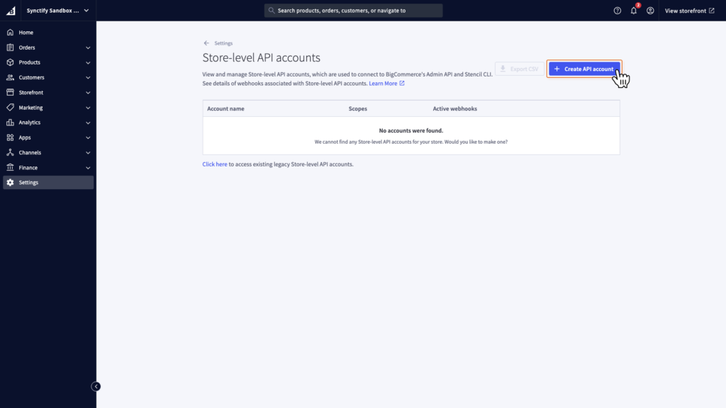 BigCommerce Store-level API accounts page with the Create API account button.