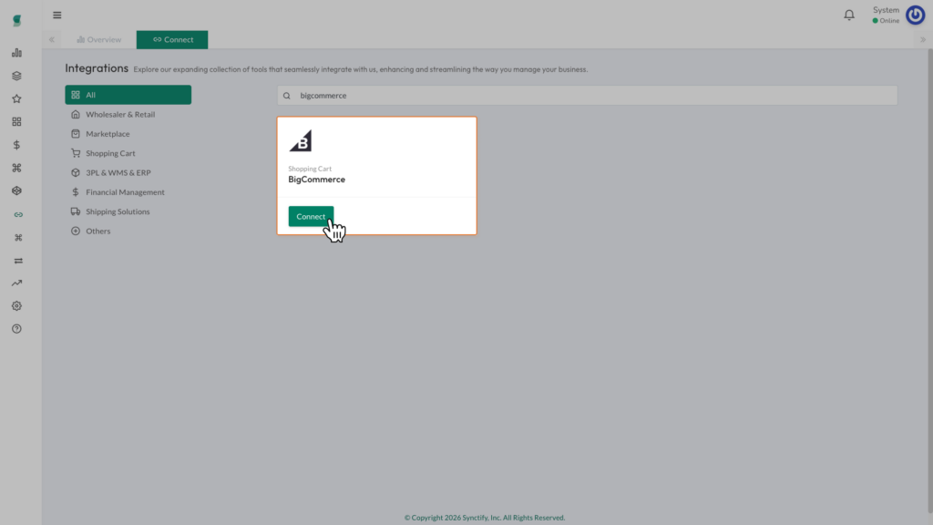 Synctify OMS Integrations Connect page showing the BigCommerce integration card.