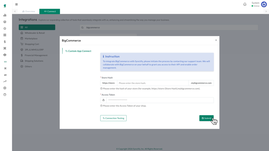 Synctify OMS BigCommerce setup window with fields for Store Hash and Access Token.