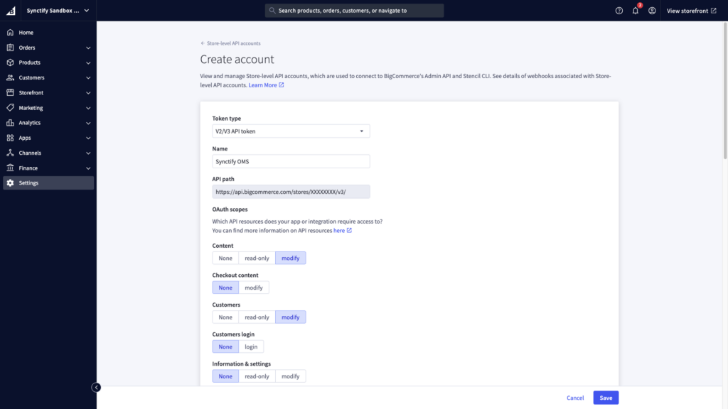 BigCommerce Create account page showing the token type, account name, and API path fields.