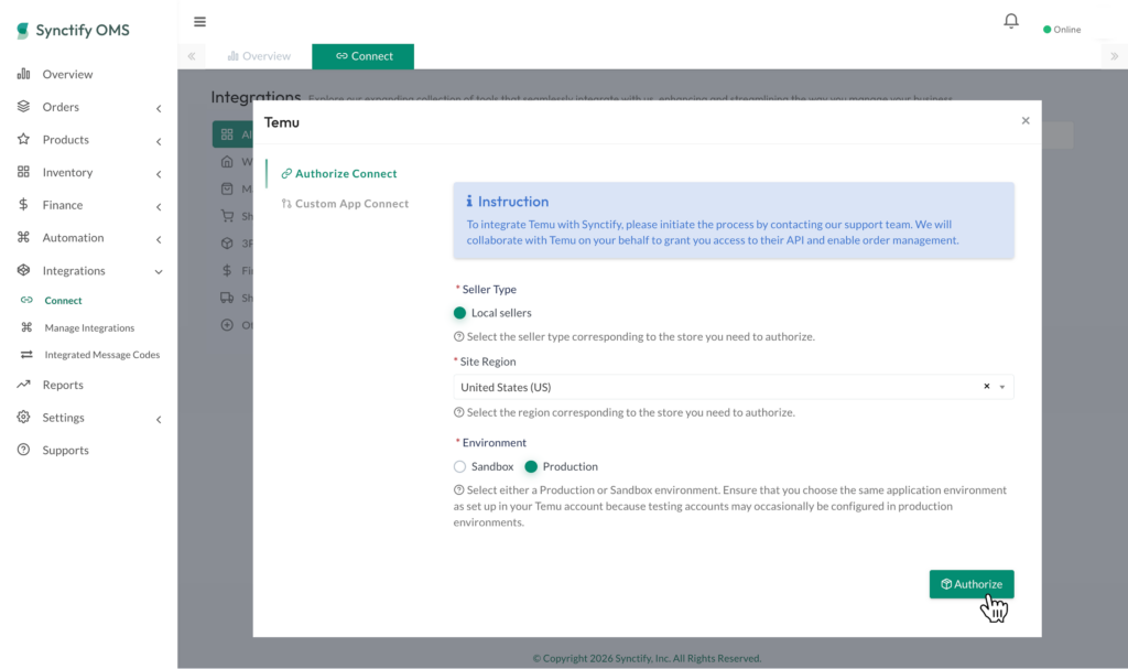 Review the Temu authorization settings and click Authorize in Synctify OMS.
