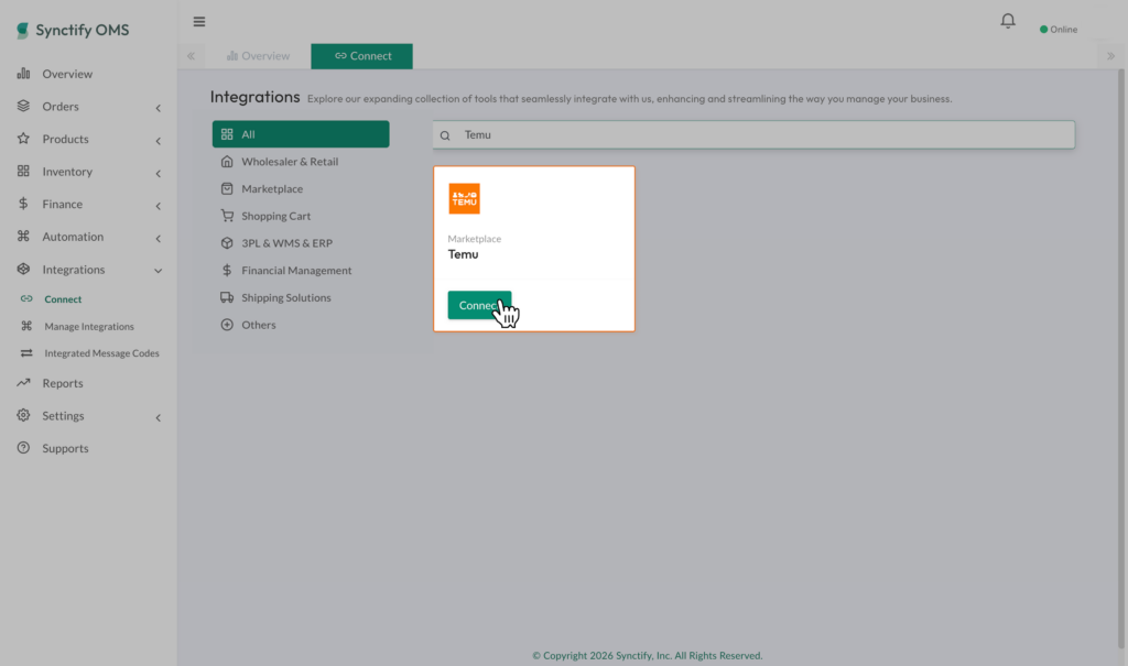 Click Connect on the Temu integration card in Synctify OMS.