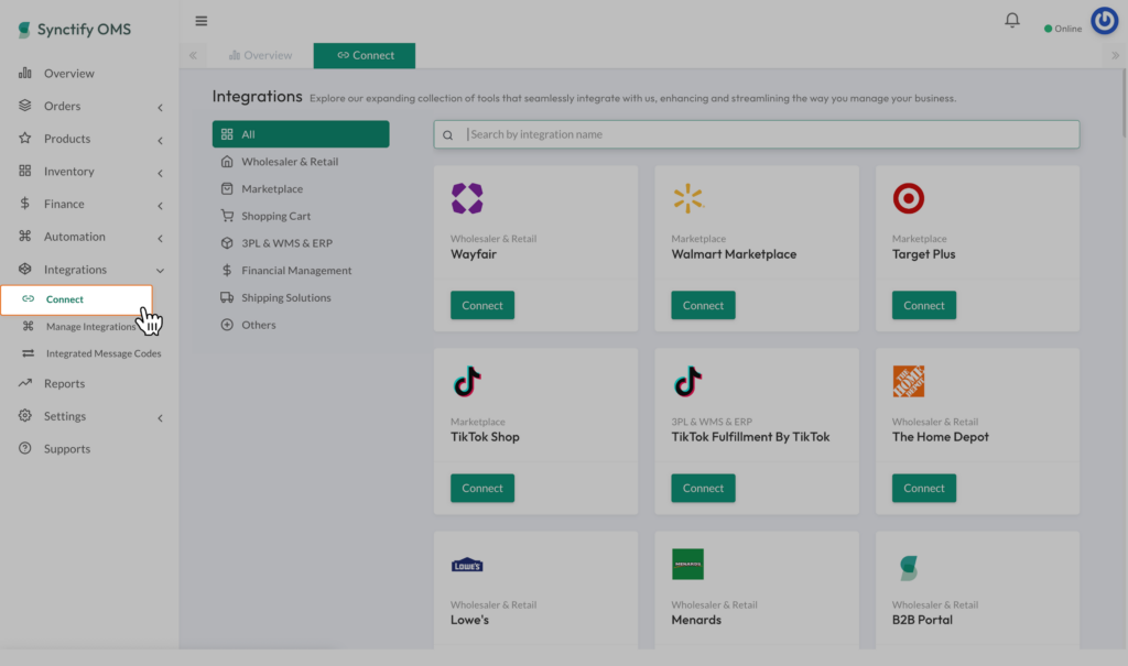 Navigate to Integrations > Connect in Synctify OMS to browse available marketplace integrations.
