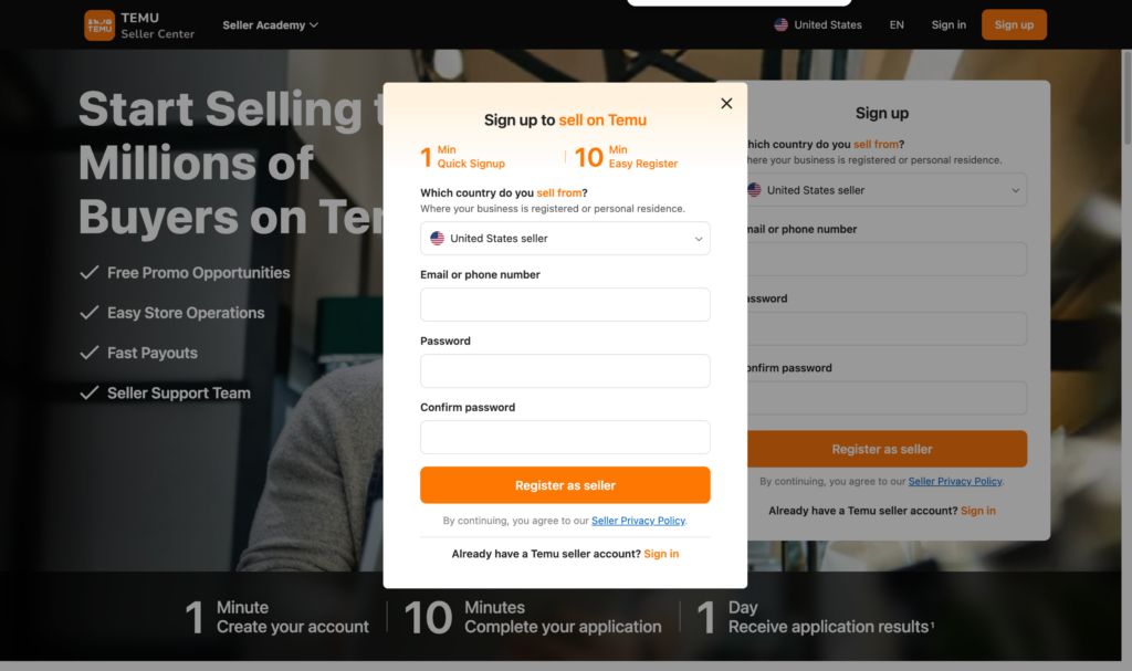 Sign in to Temu Seller Center to authorize Synctify OMS access.