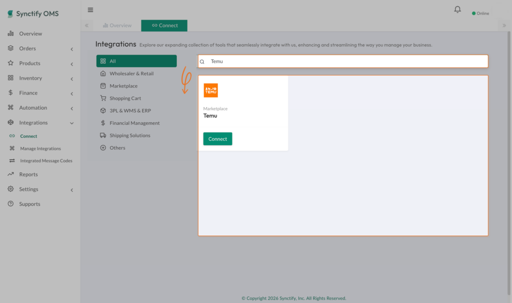 Search for Temu in the Integrations page of Synctify OMS.