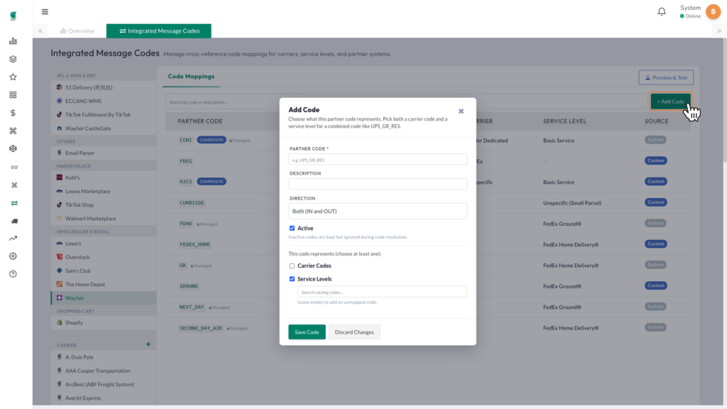 Add Code window showing partner code, description, direction, active status, and carrier or service level mapping fields.