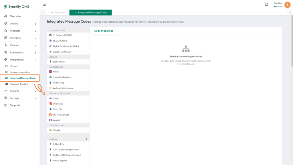 Integrated Message Codes page showing the context list and an empty state before a context is selected.