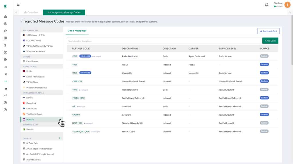 Code mapping table for Wayfair showing partner codes, direction, carrier, service level, and source values.
