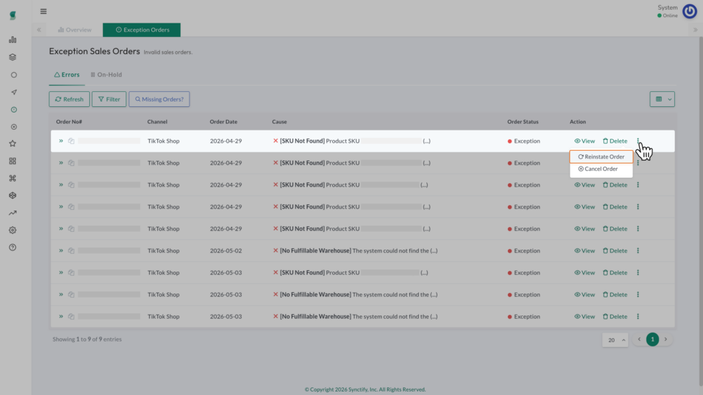 Synctify OMS Errors tab with the order action menu expanded to show Reinstate Order and Cancel Order.
