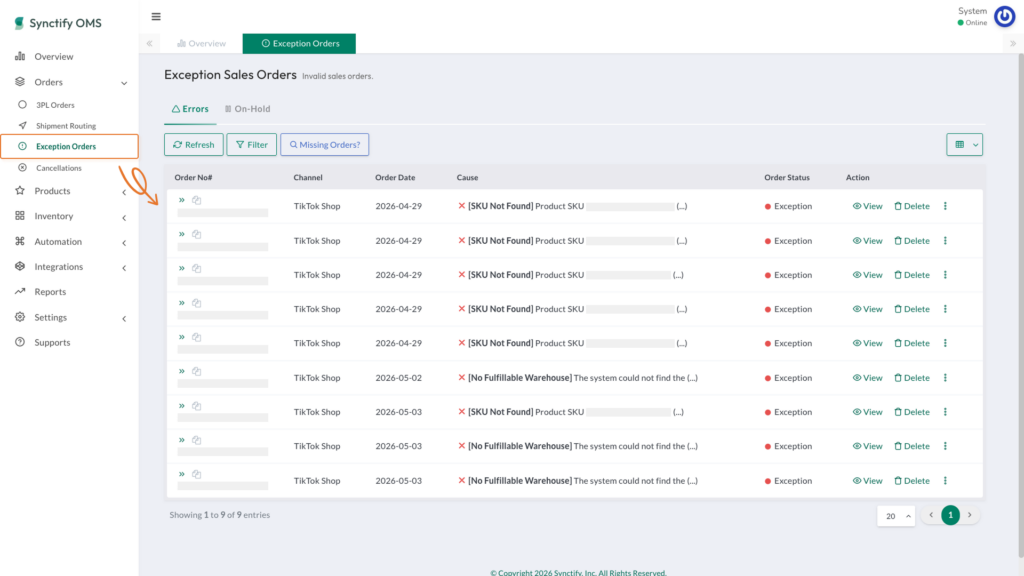 Synctify OMS Errors tab showing exception orders, error causes, order status, and available actions.