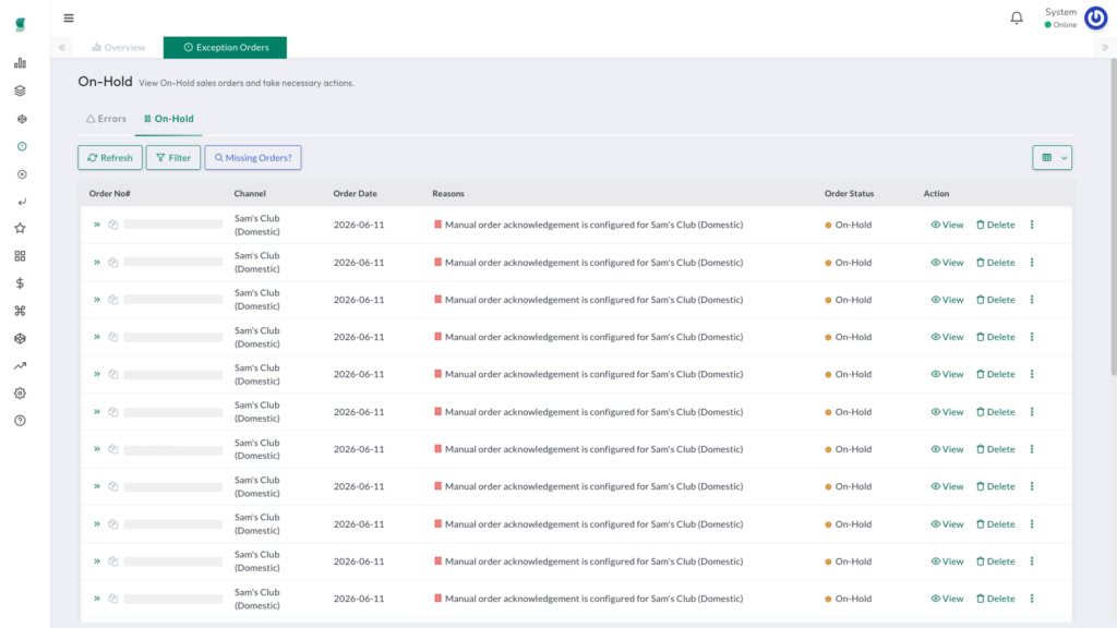 Synctify OMS On-Hold tab showing on-hold orders, hold reasons, order status, and available actions.