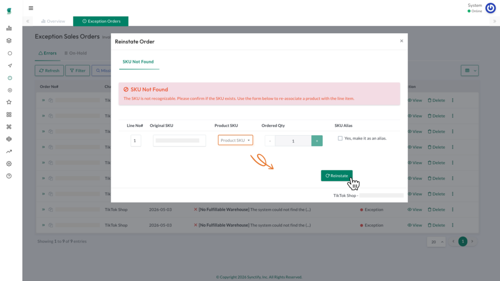 Reinstate Order form for a SKU Not Found error showing Original SKU, Product SKU, ordered quantity, and SKU Alias fields.