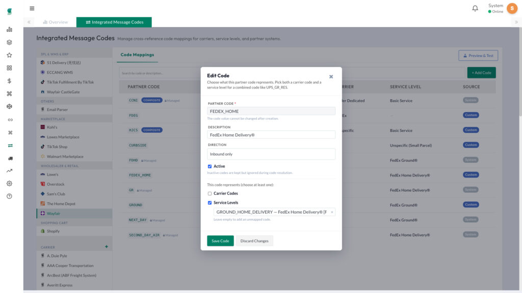 Edit Code window showing partner code, description, direction, active status, and service level mapping fields.