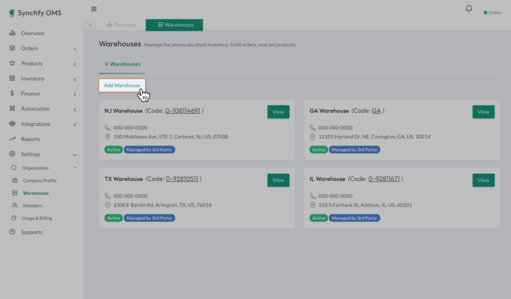 Synctify OMS Warehouses page showing the Add Warehouse button above the list of existing warehouses.