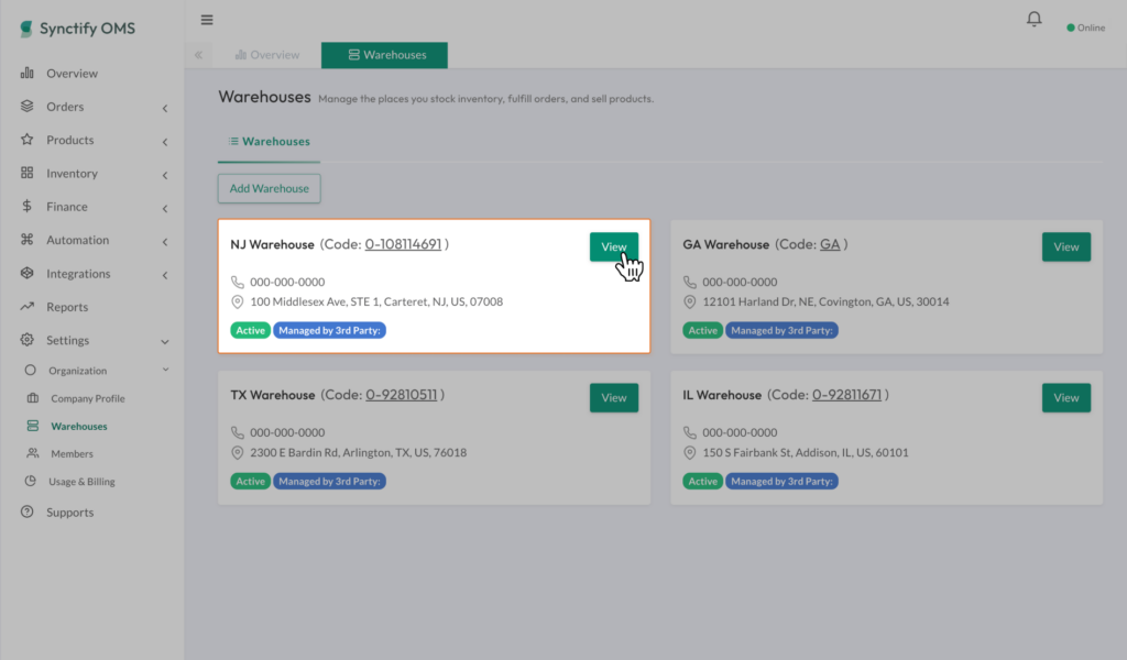 Synctify OMS Warehouses page showing an existing warehouse card with the View button highlighted.
