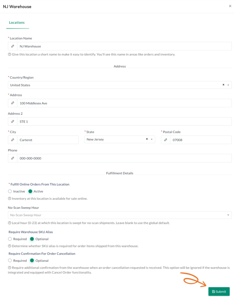Warehouse details form in Synctify OMS displaying location, address, phone number, and fulfillment settings, with the Submit button highlighted.
