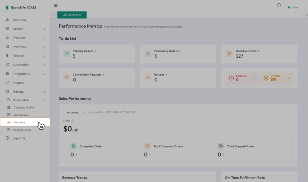 Synctify OMS dashboard with the Members option highlighted under Settings and Organization.