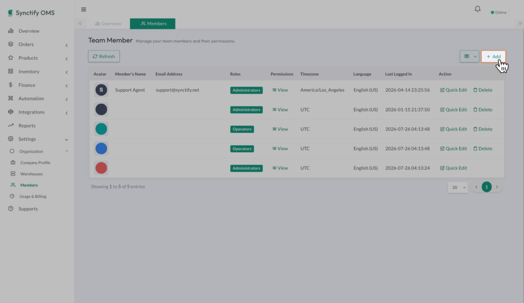 Synctify OMS Members page showing the Add button highlighted above the team member list.