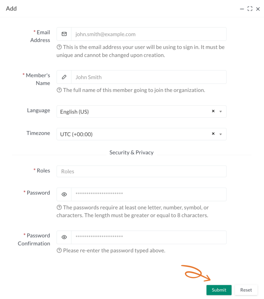 Add Member form in Synctify OMS with fields for email address, member name, language, timezone, role, and temporary password, with the Submit button highlighted.