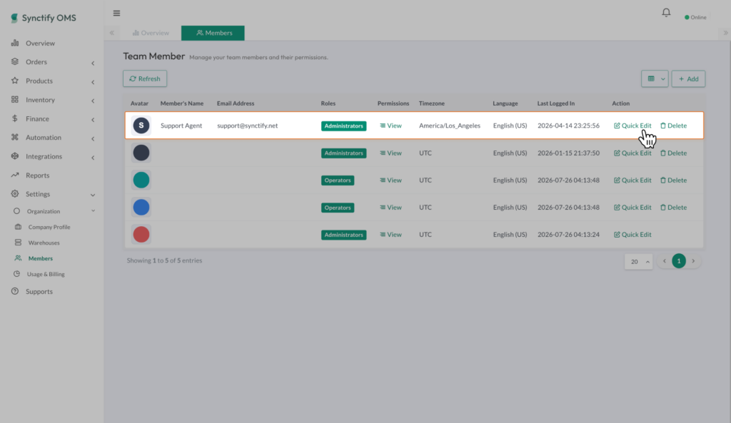 Synctify OMS Members page showing the Quick Edit action for an existing team member.