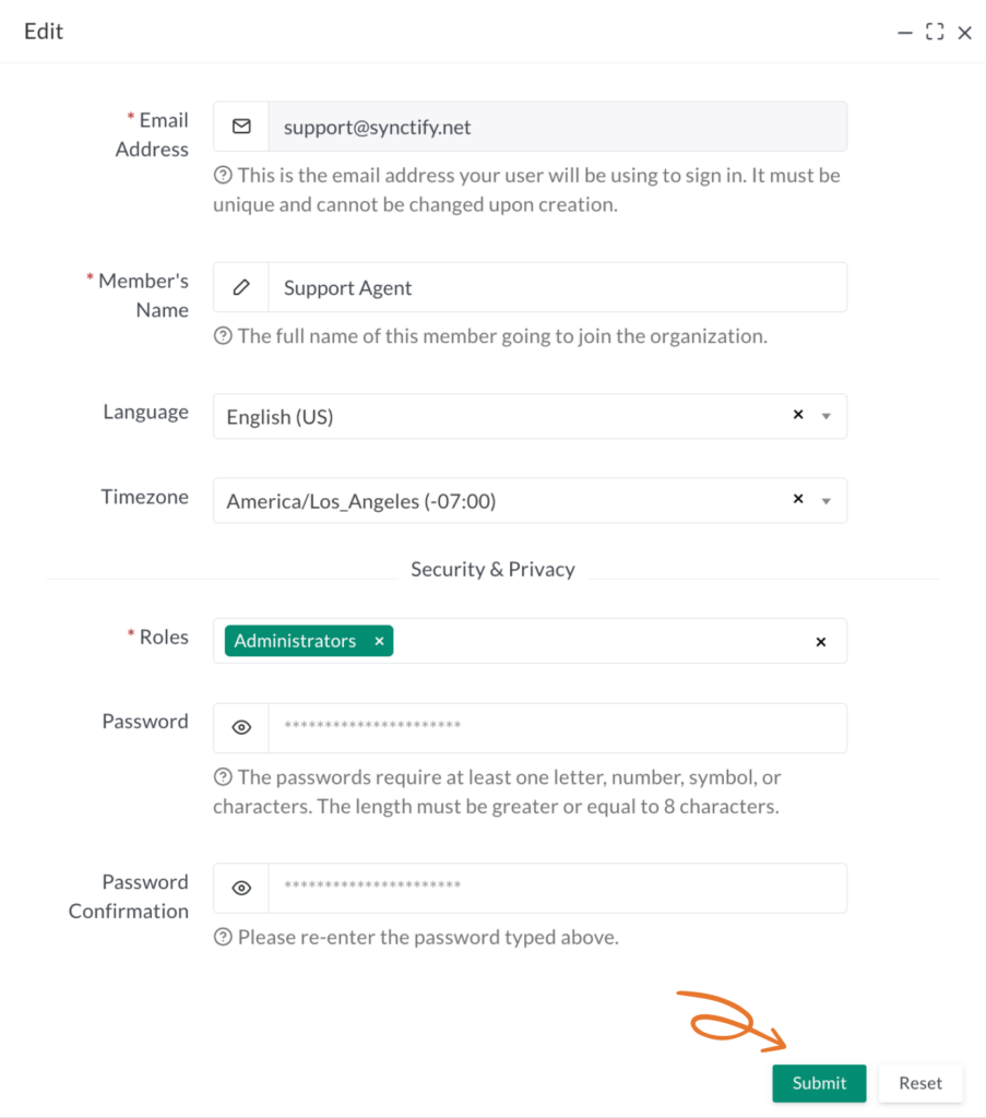 Quick Edit Member form in Synctify OMS showing editable member information and the Submit button.