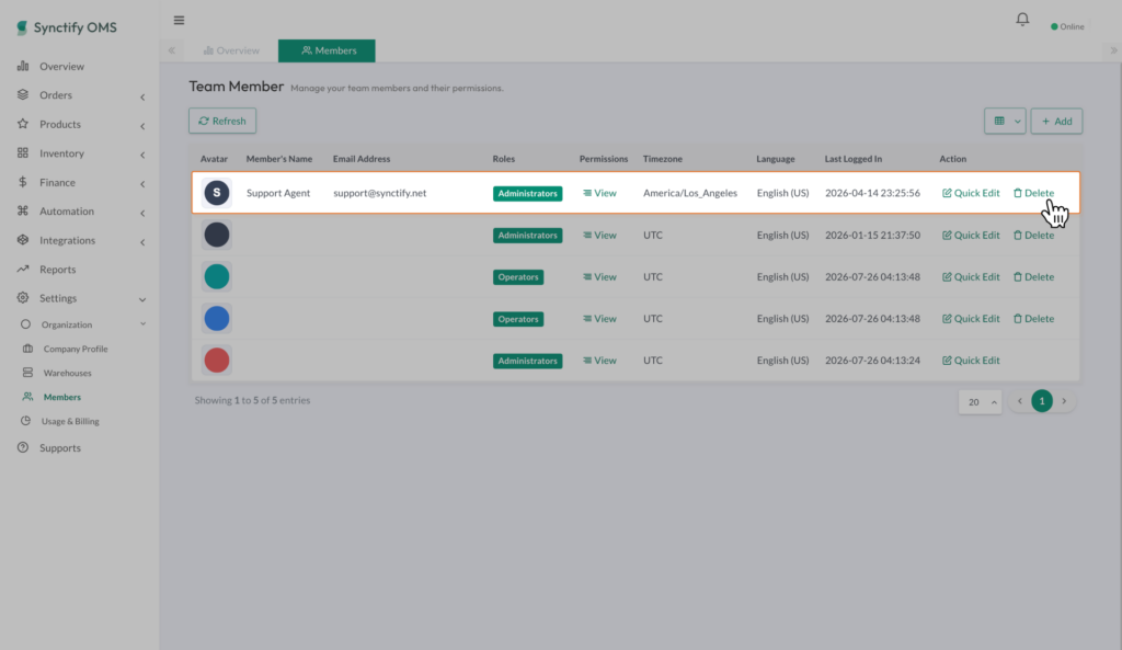 Synctify OMS Members page showing a team member's row highlighted with the cursor hovering over the Delete action.