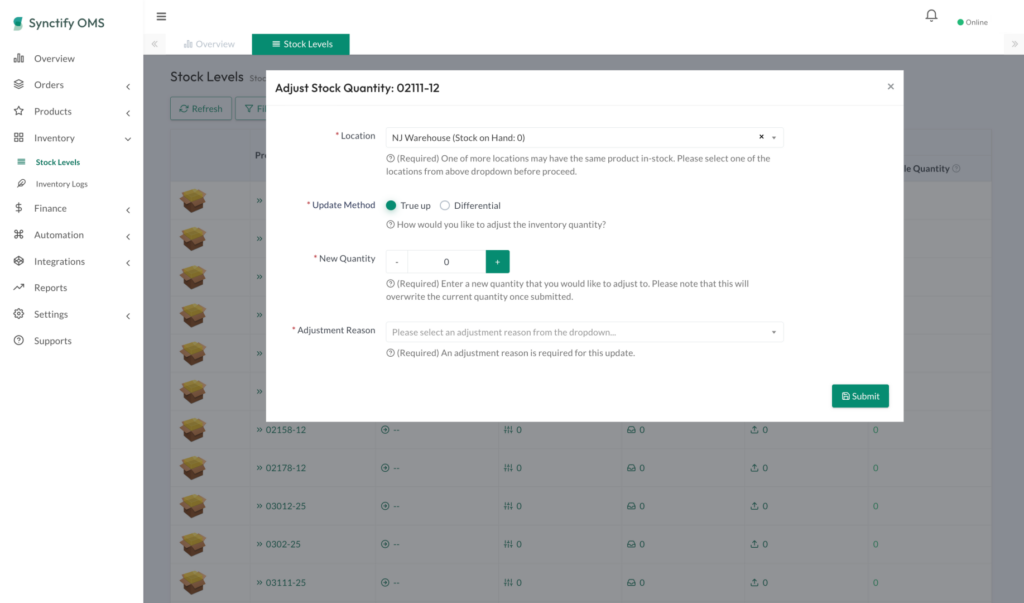 Stock adjustment panel in Synctify OMS with controls for selecting a warehouse location, update method, quantity, adjustment reason, and the Submit button.