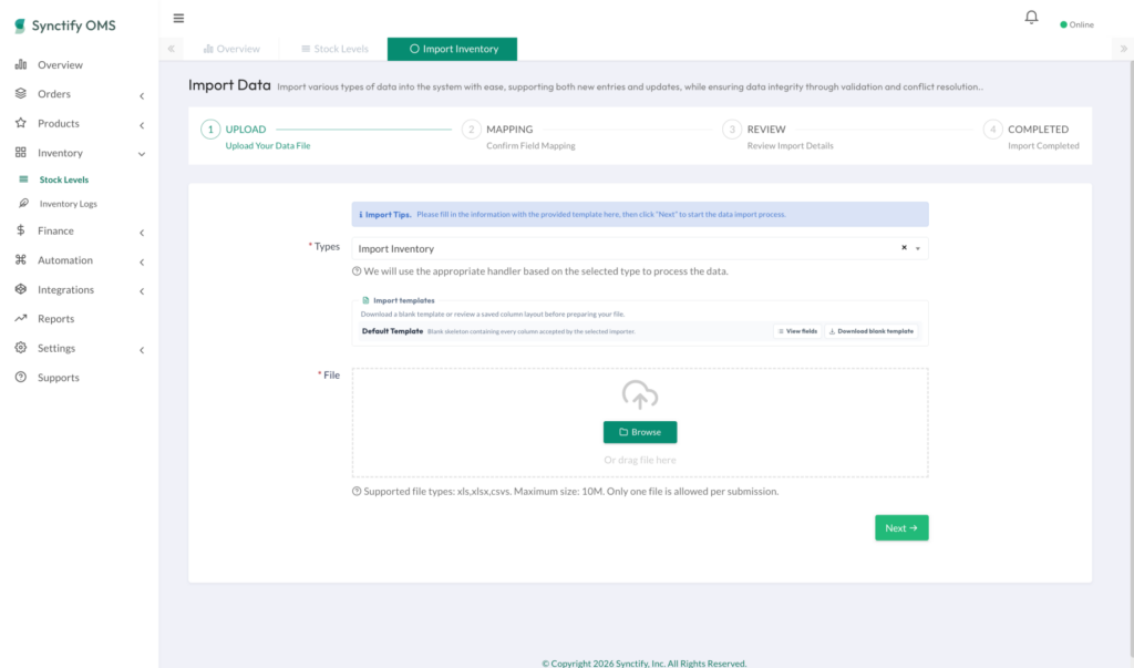 Import Data page in Synctify OMS showing the four-step import process—Upload, Mapping, Review, and Completed—with Import Inventory selected, a Default Template link, a file upload area, and the Next button.