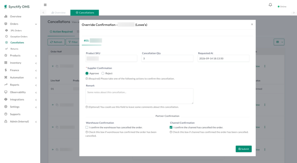 Override Confirmation dialog in Synctify OMS showing a cancellation line item with Product SKU, Cancellation Qty, Requested At, Supplier Confirmation options, Remark, and Partner Confirmation controls for warehouse and channel confirmation.