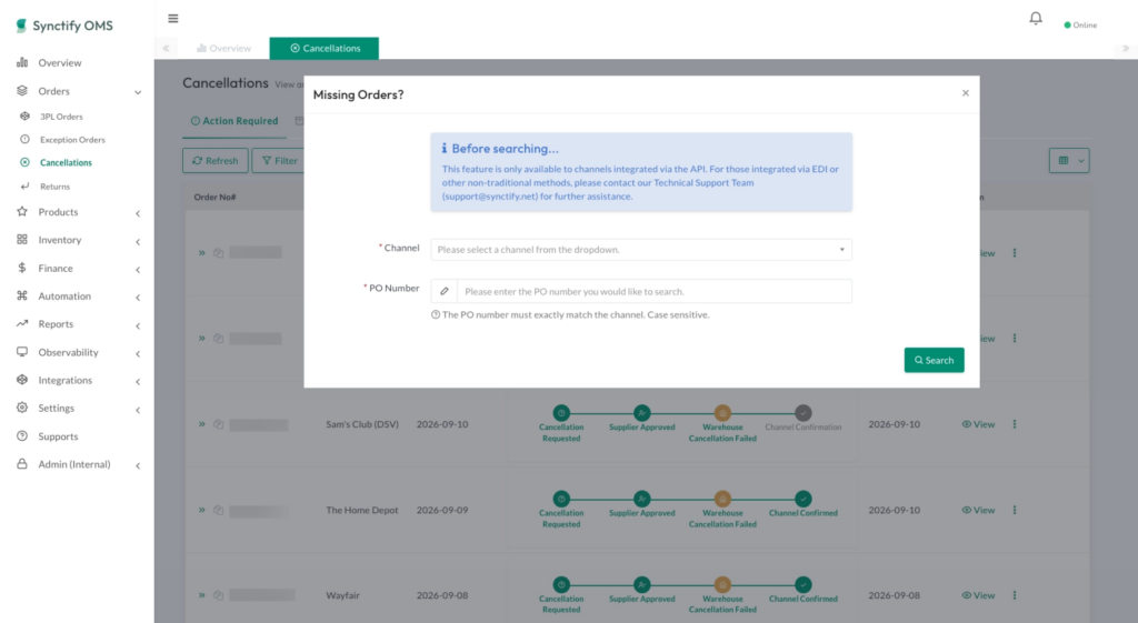 Missing Orders workflow in Synctify OMS showing the sales channel selector and order number field used to detect whether an order exists on the channel and in OMS before retrieval.