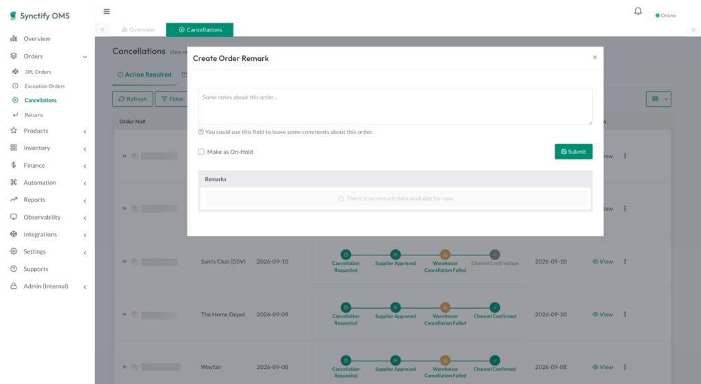 Create Order Remark dialog in Synctify OMS showing the remark field, previous order remarks, and the Make as On-Hold option used to place eligible order lines into an On-Hold state.