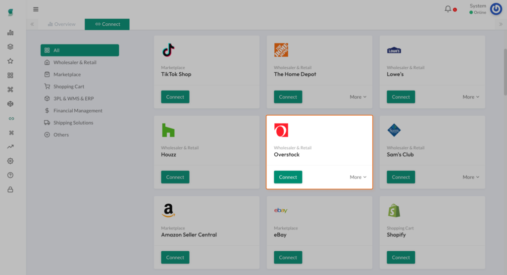 Screenshot: Overstock pre-built integration on Synctify