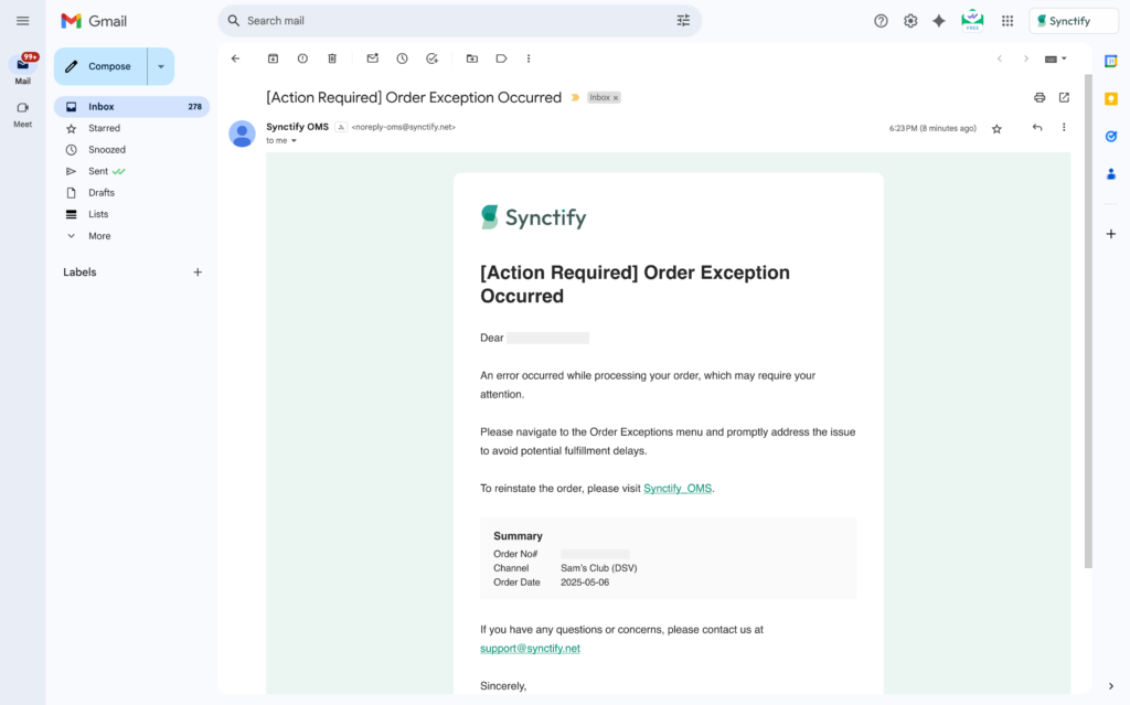 Example of an exception order alert email sent by Synctify to notify users of fulfillment issues.