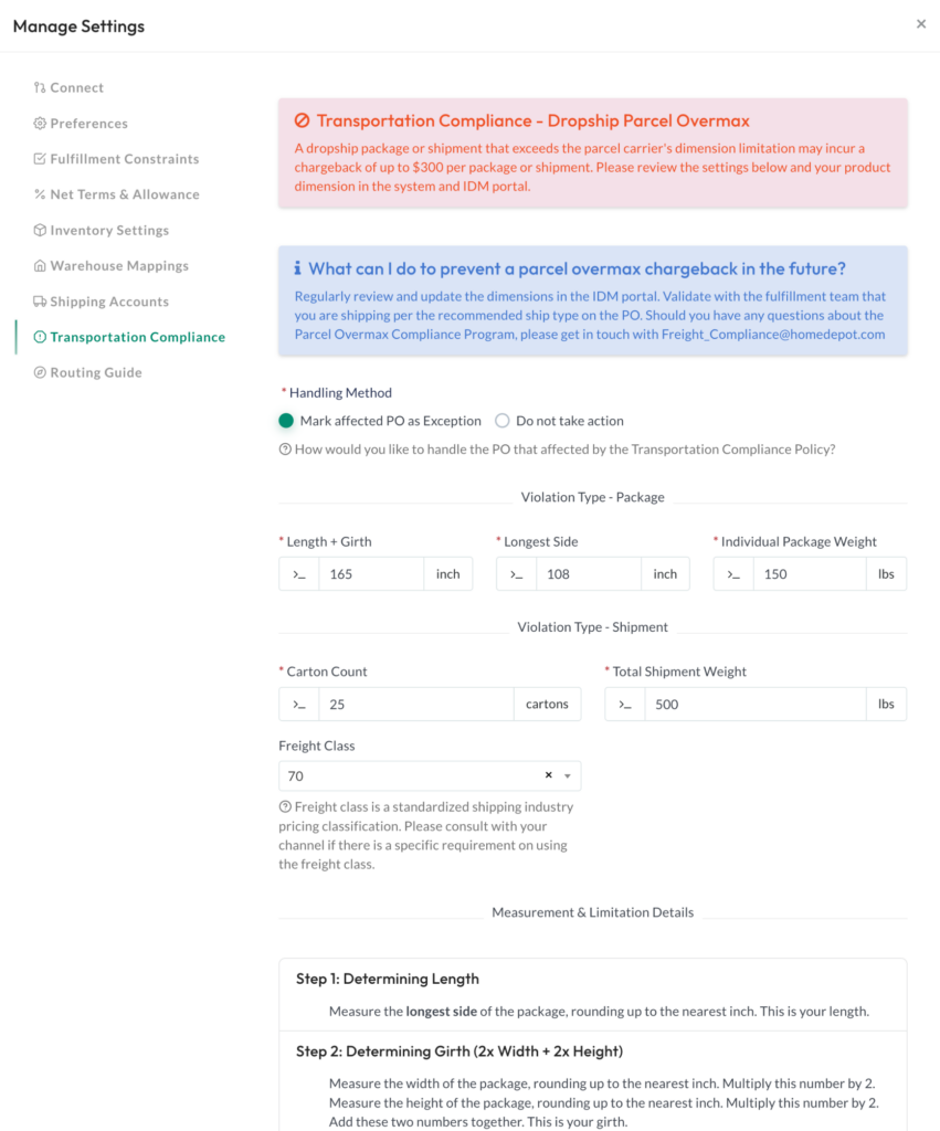 Set parcel dimension, weight, and item limits for shipping compliance in Synctify’s Transportation Compliance settings.