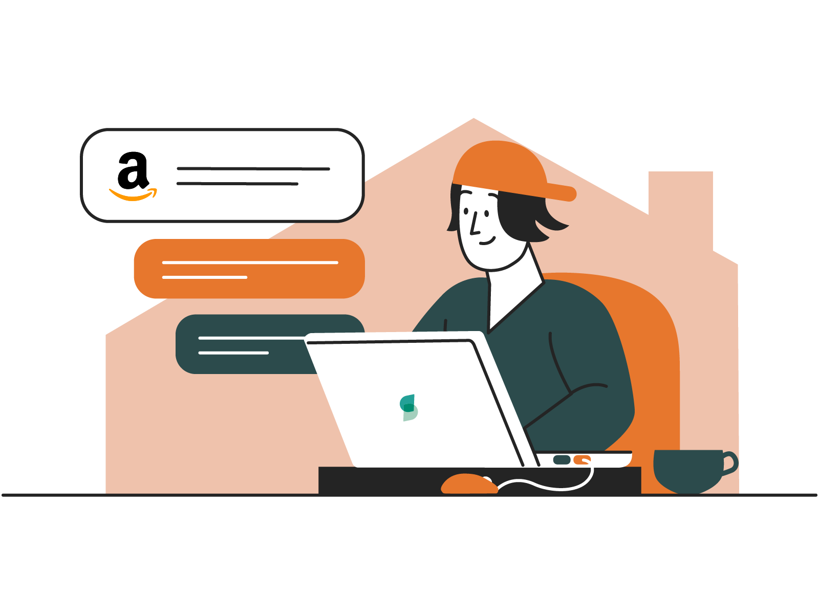 A relaxed man sits inside a house using a laptop, while Amazon-branded orders continuously flow into his screen—representing automated order syncing for Vendor Central sellers.