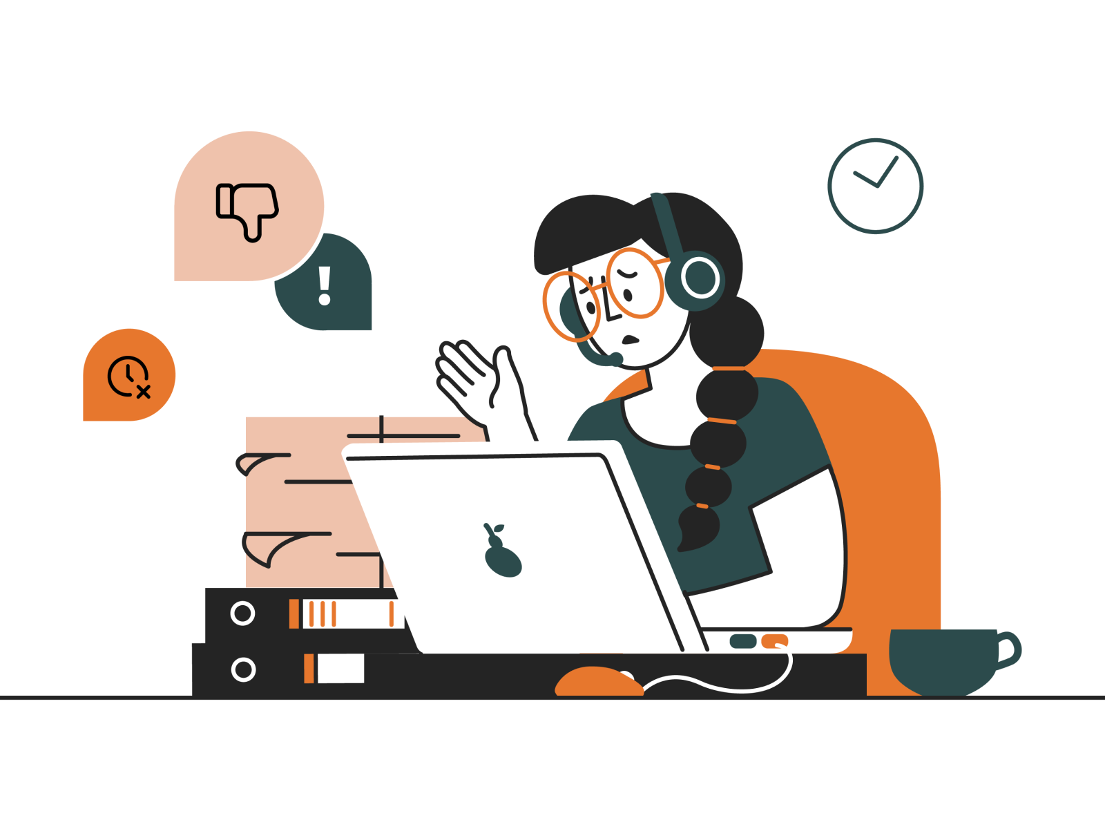 A frustrated woman wearing a headset at a cluttered office desk, overwhelmed by customer complaints due to overdue orders. Three speech bubbles with icons—a thumbs down, a crossed-out clock, and an exclamation mark—illustrate the negative feedback. A wall clock behind her emphasizes the time-consuming nature of the issue.