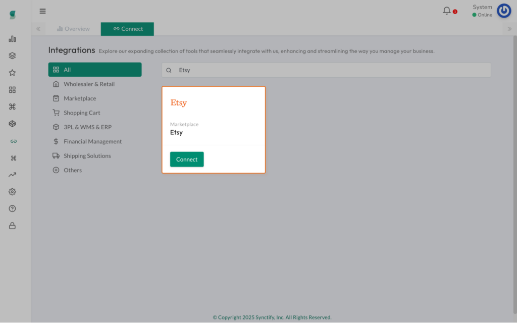 Synctify dashboard showing available integrations, with Etsy integration option highlighted.
