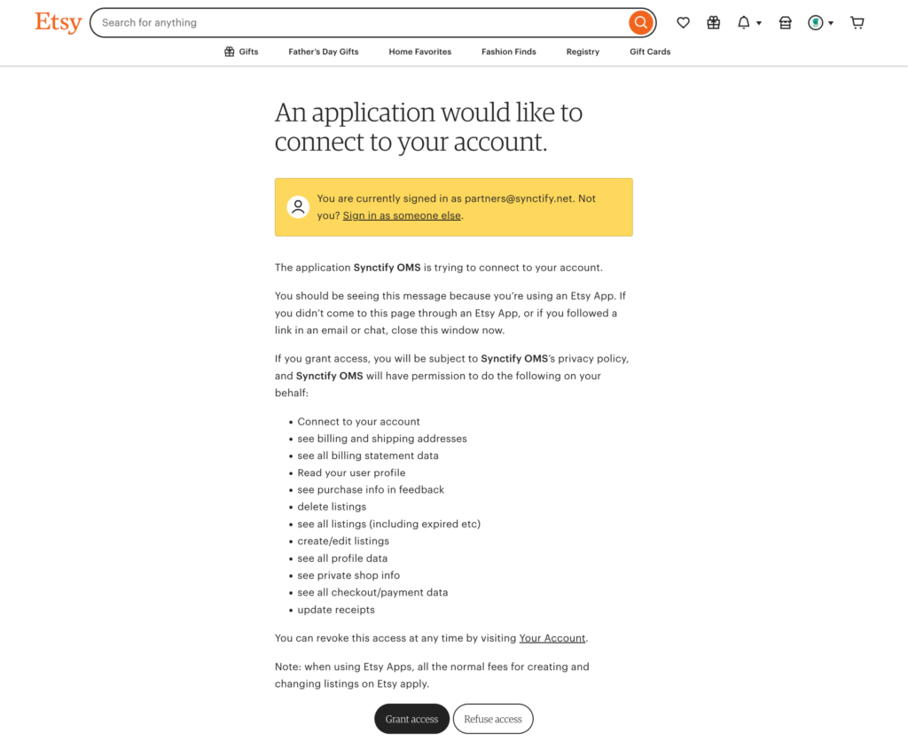 Etsy OAuth authorization screen for connecting Synctify as a public app.