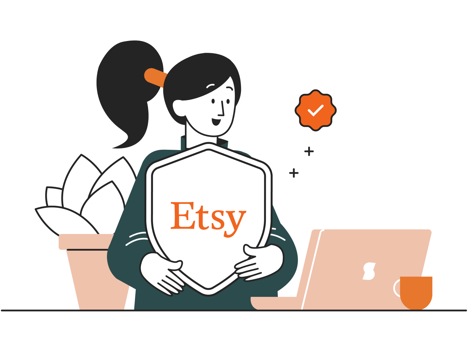 A cheerful woman holding a giant Etsy medal with a certification checkmark, standing by her desk with a Synctify laptop—celebrating official partner recognition.