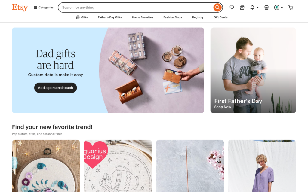 Screenshot of the Etsy homepage showcasing curated handmade, vintage, and unique products for global shoppers.